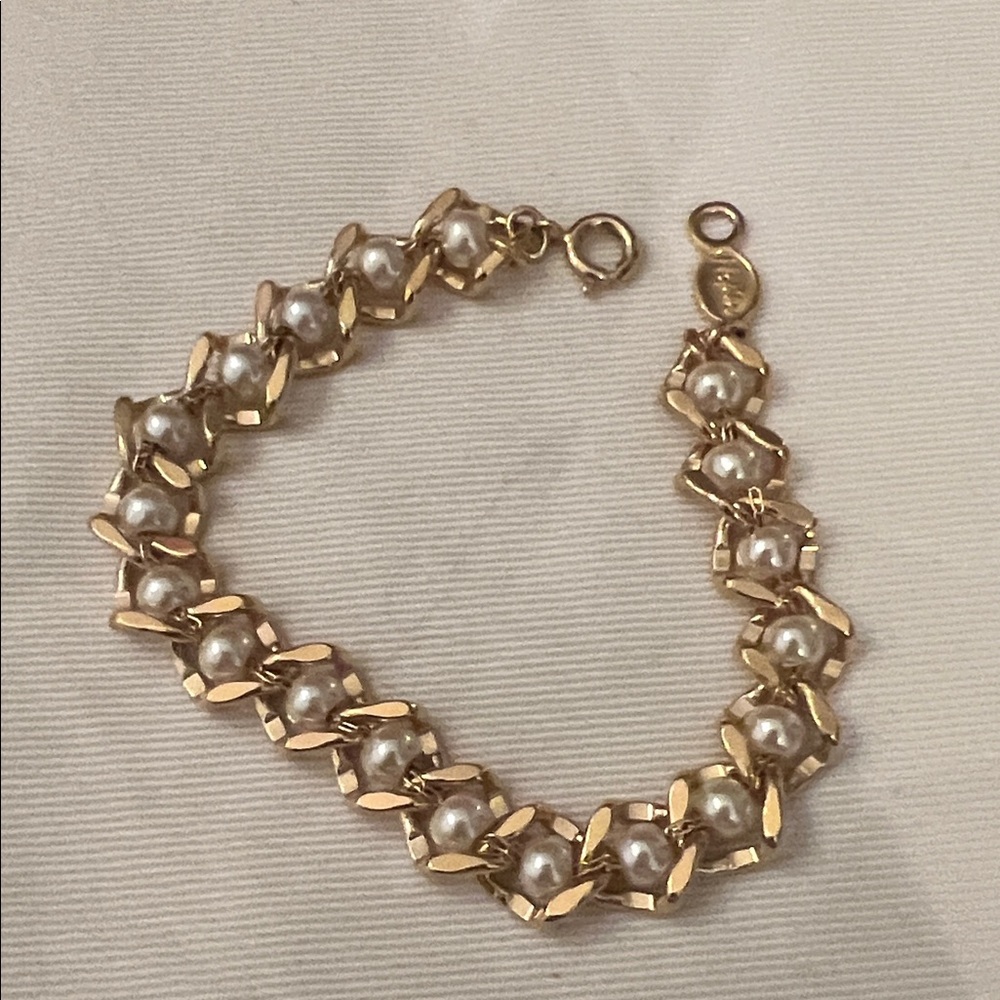Vintage Napier Gold Tone Faux Pearl Link Bracelet Signed Mid Century